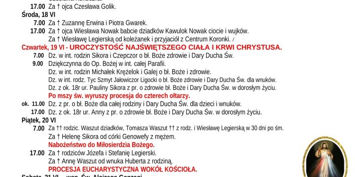 Intencje Mszalne 15.06.2025