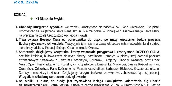 Ogłoszenia Duszpasterskie 22.06.2025
