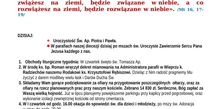 Ogłoszenia Duszpasterskie 29.06.2025