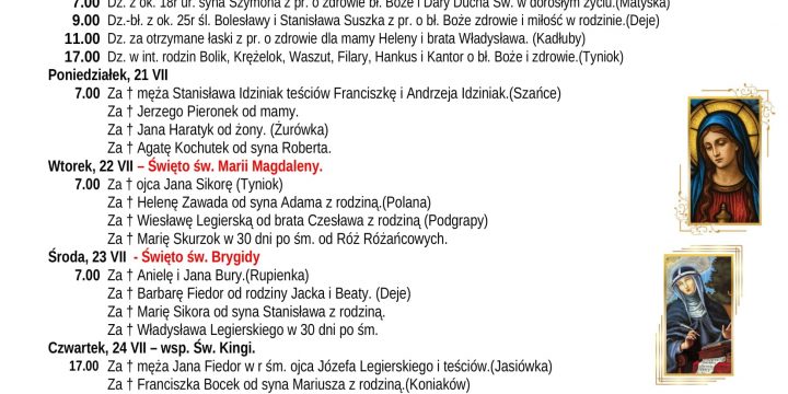 Intencje Mszalne 20.07.2025