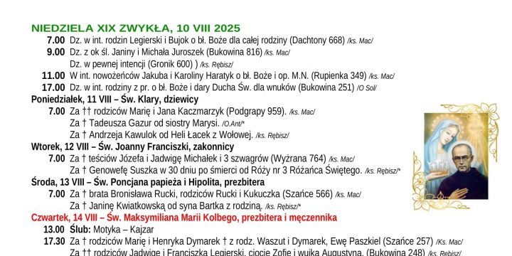 Intencje Mszalne 10.08.2025