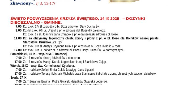 Intencje Mszalne 14.09.2025