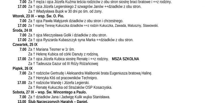 Intencje Mszalne 21.09.2025