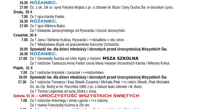 Intencje Mszalne 26.10.2025