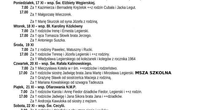 Intencje Mszalne 16.11.2025