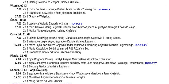 Intencje Mszalne 07.12.2025