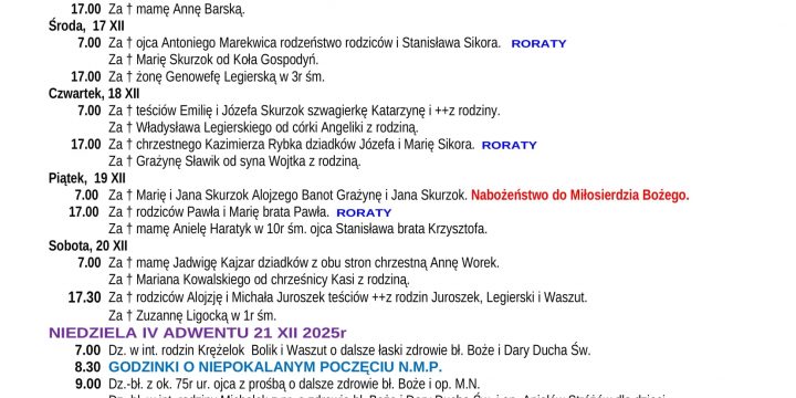 Intencje Mszalne 14.12.2025