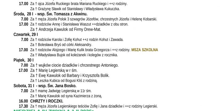 Intencje Mszalne 25.01.2026