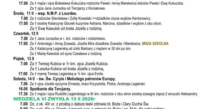 Intencje Mszalne 08.02.2026