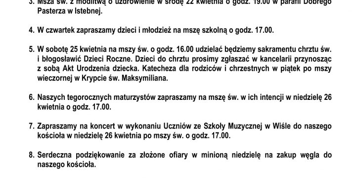 Ogłoszenia Duszpasterskie 19.04.2026
