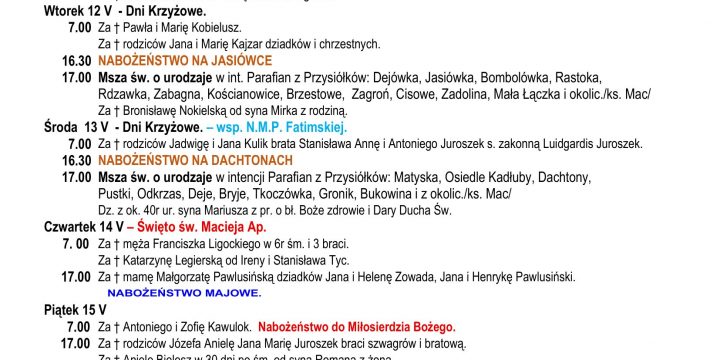 Intencje Mszalne 10.05.2026