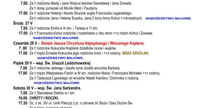 Intencje Mszalne 24.05.2026