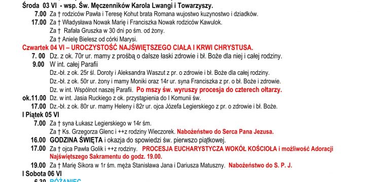 Intencje Mszalne 31.05.2026