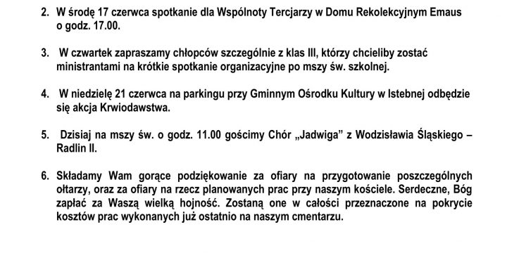 Ogłoszenia Duszpasterskie 14.06.2026