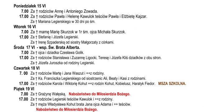 Intencje Mszalne 14.06.2026