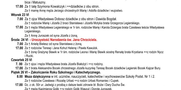 Intencje Mszalne 21.06.2026
