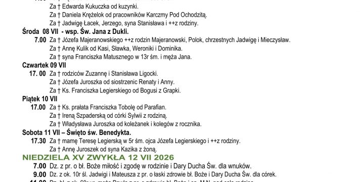 Intencje Mszalne 05.07.2026