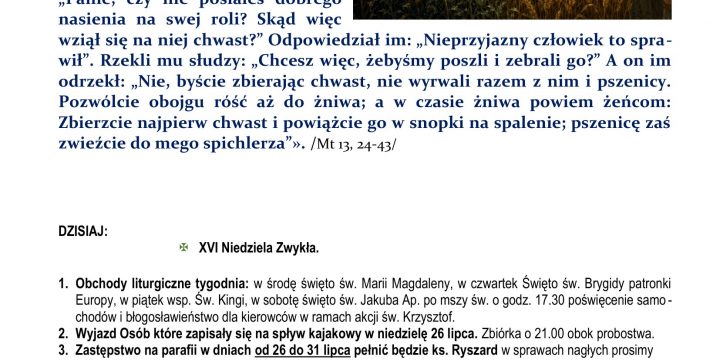 Ogłoszenia Duszpasterskie 19.07.2026
