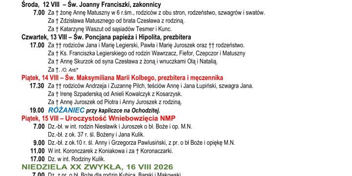 Intencje Mszalne 12.08.2026