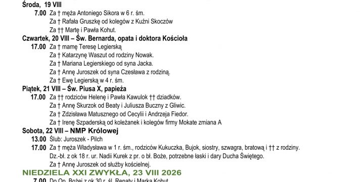 Intencje Mszalne 16.08.2026