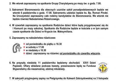 Ogłoszenia Duszpasterskie 04.10.2026
