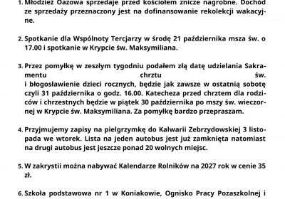 Ogłoszenia Duszpasterskie 18.10.2026