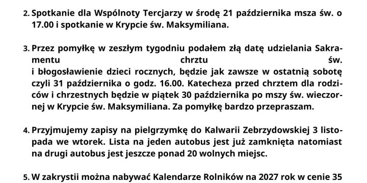 Ogłoszenia Duszpasterskie 18.10.2026