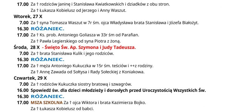 Intencje Mszalne 25.10.2026