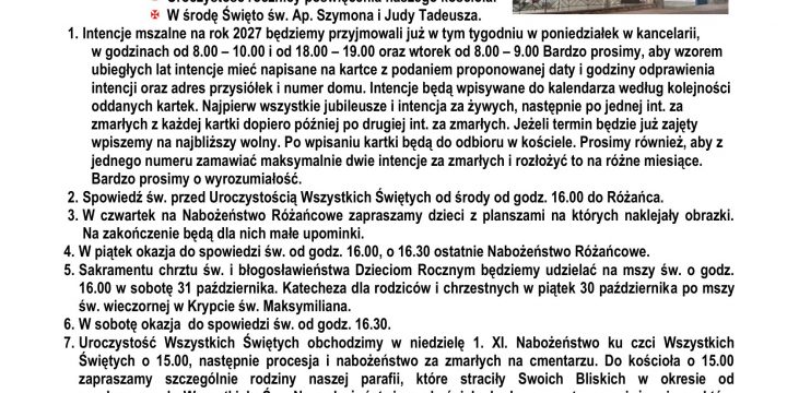 Ogłoszenia Duszpasterskie 25.10.2026